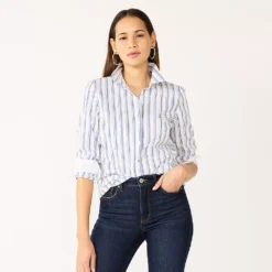 Women's Nine West Long Sleeve Structured Button-Down Shirt -Deals My Glow Wardrobe Store 5284618 Blue White Stripe