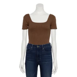 Women's Nine West Rib Short Sleeve Squareneck Bodysuit -Deals My Glow Wardrobe Store 5290693 Abe Brown