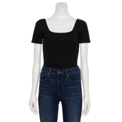 Women's Nine West Rib Short Sleeve Squareneck Bodysuit -Deals My Glow Wardrobe Store 5290693 Black