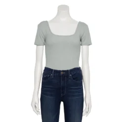 Women's Nine West Rib Short Sleeve Squareneck Bodysuit -Deals My Glow Wardrobe Store 5290693 Gray Fox Heather