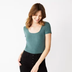 Women's Nine West Rib Short Sleeve Squareneck Bodysuit