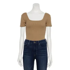 Women's Nine West Rib Short Sleeve Squareneck Bodysuit -Deals My Glow Wardrobe Store 5290693 Kalari Haki