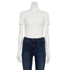Women's Nine West Rib Short Sleeve Squareneck Bodysuit -Deals My Glow Wardrobe Store 5290693 White