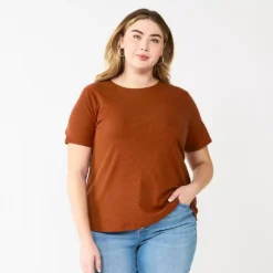 Plus Size Nine West Essential Crewneck Tee -Deals My Glow Wardrobe Store 5525951 Brown Brick Rib