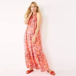 Women's Nine West Tiered Peasant Maxi Dress -Deals My Glow Wardrobe Store 5531866 Coral Abstract Fronds