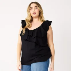 Plus Size Nine West Sleeveless Ruffle Detail Top -Deals My Glow Wardrobe Store 5570041 Black
