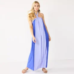 Petite Nine West Halter Neck Colorblock Maxi Dress