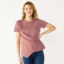 Women's Nine West Asymmetric Short Sleeve Crewneck Top -Deals My Glow Wardrobe Store 5570845 Mai Mauve
