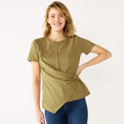 Women's Nine West Asymmetric Short Sleeve Crewneck Top -Deals My Glow Wardrobe Store 5570845 Sergio Olive
