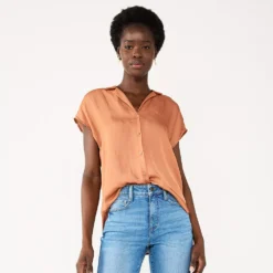 Women's Nine West Short Sleeve Easy Lapel Shirt -Deals My Glow Wardrobe Store 5577441 Mocha Frosting