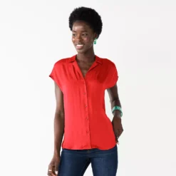 Women's Nine West Short Sleeve Easy Lapel Shirt -Deals My Glow Wardrobe Store 5577441 Parker Orange