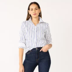 Petite Nine West Long Sleeve Structured Shirt -Deals My Glow Wardrobe Store 5579645 Blue White Stripe