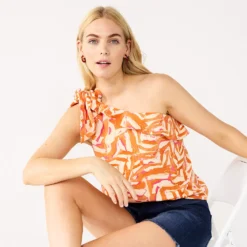 Women's Nine West One-Shoulder Ruffle Neck Top -Deals My Glow Wardrobe Store 5580827 Brown Abstract