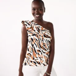 Women's Nine West One-Shoulder Ruffle Neck Top -Deals My Glow Wardrobe Store 5580827 White Brown Zebra