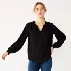 Women's Nine West Button Front Balloon Sleeve Tunic -Deals My Glow Wardrobe Store 5581079 Black