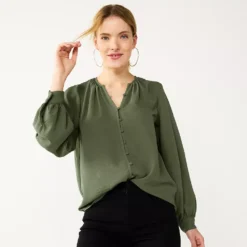 Women's Nine West Button Front Balloon Sleeve Tunic -Deals My Glow Wardrobe Store 5581079 Infantry Olive