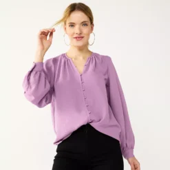 Women's Nine West Button Front Balloon Sleeve Tunic -Deals My Glow Wardrobe Store 5581079 Lupine Lilac