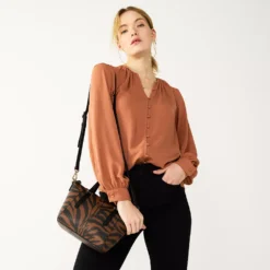 Women's Nine West Button Front Balloon Sleeve Tunic -Deals My Glow Wardrobe Store 5581079 Mocha Frosting