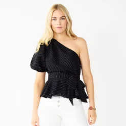 Women's Nine West One-Shoulder Tie Waist Peplum Top -Deals My Glow Wardrobe Store 5581408 Black