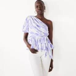 Women's Nine West One-Shoulder Tie Waist Peplum Top -Deals My Glow Wardrobe Store 5581408 Blue Organic