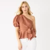 Women's Nine West One-Shoulder Tie Waist Peplum Top -Deals My Glow Wardrobe Store 5581408 Mocha Frosting