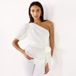 Women's Nine West One-Shoulder Tie Waist Peplum Top -Deals My Glow Wardrobe Store 5581408 White