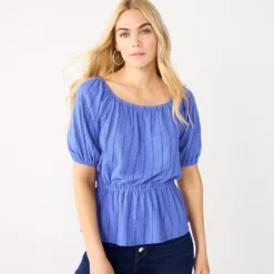 Women's Nine West Puff Sleeve Square Neck Peplum Top -Deals My Glow Wardrobe Store 5594992 Blue Stripe