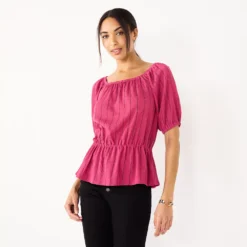 Women's Nine West Puff Sleeve Square Neck Peplum Top -Deals My Glow Wardrobe Store 5594992 Pink Stripe