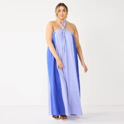 Plus Size Nine West Halter Neck Colorblock Maxi Dress