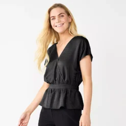 Women's Nine West Short Sleeve Peplum Wrap Top -Deals My Glow Wardrobe Store 5670316 Mineral Black