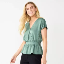 Women's Nine West Short Sleeve Peplum Wrap Top -Deals My Glow Wardrobe Store 5670316 Signature Green