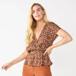 Women's Nine West Short Sleeve Peplum Wrap Top -Deals My Glow Wardrobe Store 5670316 Small Cheetah