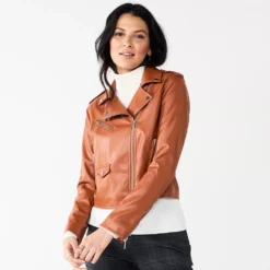 Women's Nine West Faux-Leather Moto Jacket -Deals My Glow Wardrobe Store 5676864 Baked Nutmeg