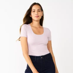 Women's Nine West Sculpt Short Sleeve Scoopneck Bodysuit -Deals My Glow Wardrobe Store 5685482 Lilac Bellflower