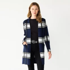 Women's Nine West Jacquard Long Cardigan -Deals My Glow Wardrobe Store 5692188 Blue Plaid