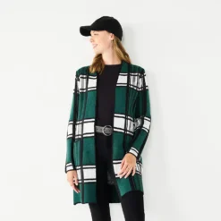 Women's Nine West Jacquard Long Cardigan -Deals My Glow Wardrobe Store 5692188 Green Plaid