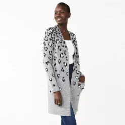 Women's Nine West Jacquard Long Cardigan -Deals My Glow Wardrobe Store 5692188 Grey Cheetah