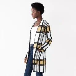 Women's Nine West Jacquard Long Cardigan -Deals My Glow Wardrobe Store 5692188 Tan Plaid