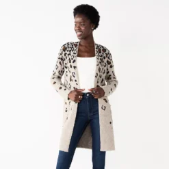 Women's Nine West Jacquard Long Cardigan -Deals My Glow Wardrobe Store 5692188 Taupe Cheetah