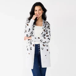 Women's Nine West Jacquard Long Cardigan -Deals My Glow Wardrobe Store 5692188 White Cheetah