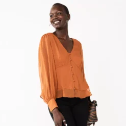 Women's Nine West Long Sleeve V-Neck Button Front Blouse -Deals My Glow Wardrobe Store 5692662 Baked Nutmeg