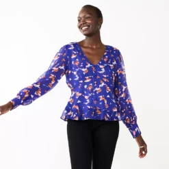 Women's Nine West Long Sleeve V-Neck Button Front Blouse -Deals My Glow Wardrobe Store 5692662 Blue Abstract