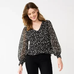 Women's Nine West Long Sleeve V-Neck Button Front Blouse -Deals My Glow Wardrobe Store 5692662 Small Animal