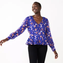 Petite Nine West Long Sleeve Button-Front V-Neck Blouse