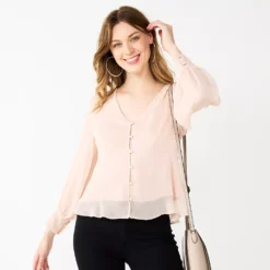 Petite Nine West Long Sleeve Button-Front V-Neck Blouse -Deals My Glow Wardrobe Store 5693284 Faint Whisper