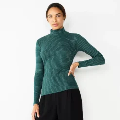Petite Nine West Long Sleeve Fitted Turtleneck Top -Deals My Glow Wardrobe Store 5693745 Green Shine Stripe