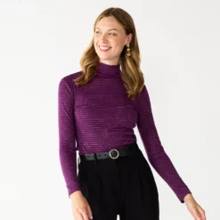 Petite Nine West Long Sleeve Fitted Turtleneck Top -Deals My Glow Wardrobe Store 5693745 Plum Shine Stripe