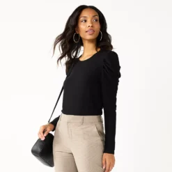 Women's Nine West Pleat Sleeve Crewneck Top -Deals My Glow Wardrobe Store 5696752 Mineral Black