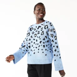 Women's Nine West Patterned Crewneck Sweater -Deals My Glow Wardrobe Store 5731865 Blue Leopard