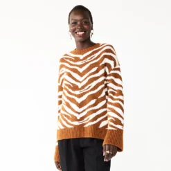 Women's Nine West Patterned Crewneck Sweater -Deals My Glow Wardrobe Store 5731865 Brown Zebra Stripe